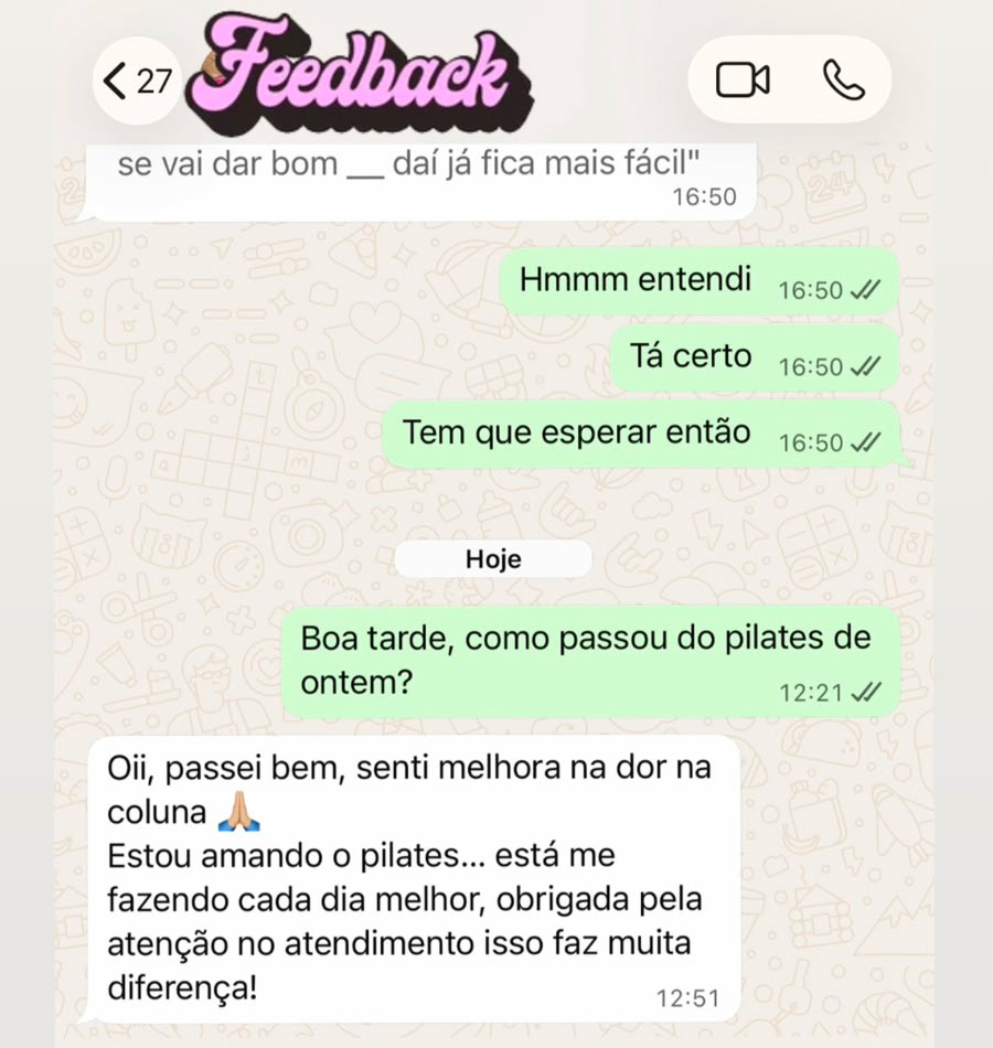 Depoimento de paciente contando que sentiu melhora na dor na coluna e está amando o Pilates com a Dra. Joyce
