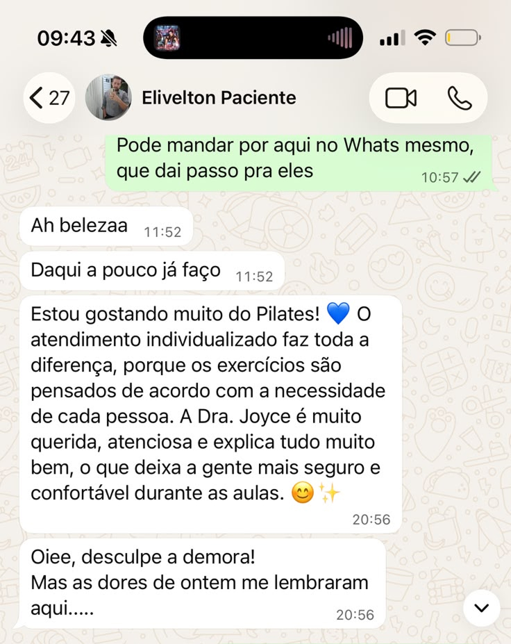 Depoimento de paciente sobre o atendimento individualizado no Pilates da Dra. Joyce