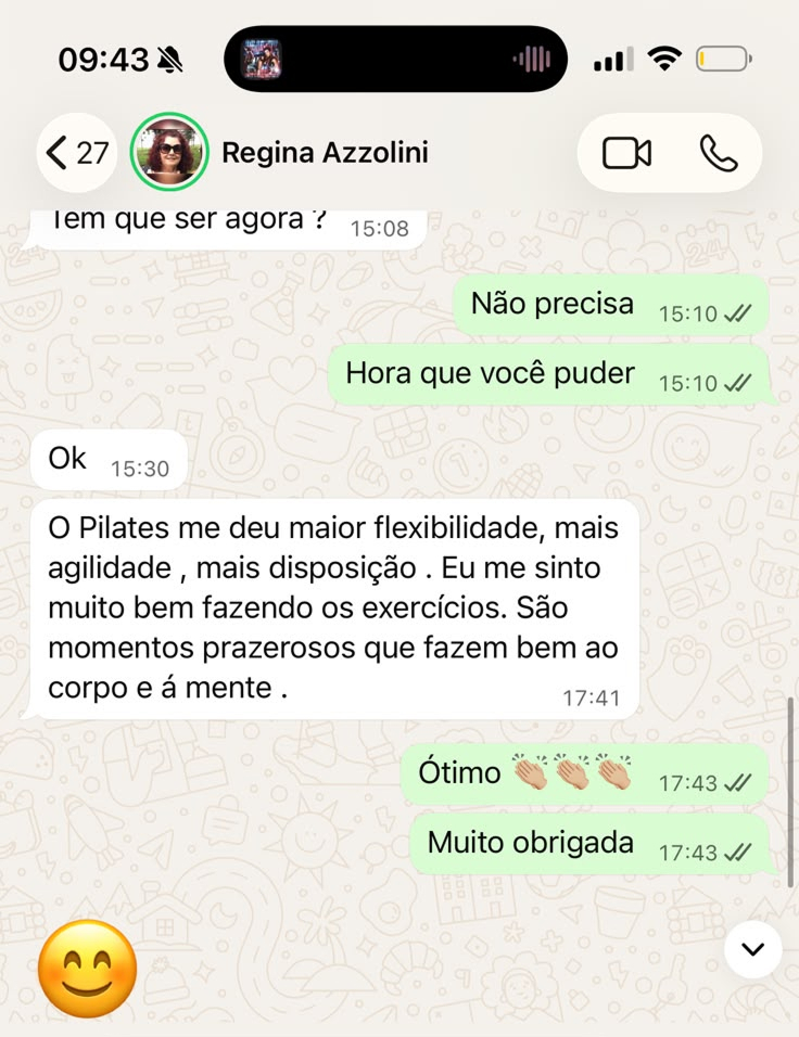 Depoimento de paciente contando que o Pilates trouxe mais flexibilidade, agilidade e disposição