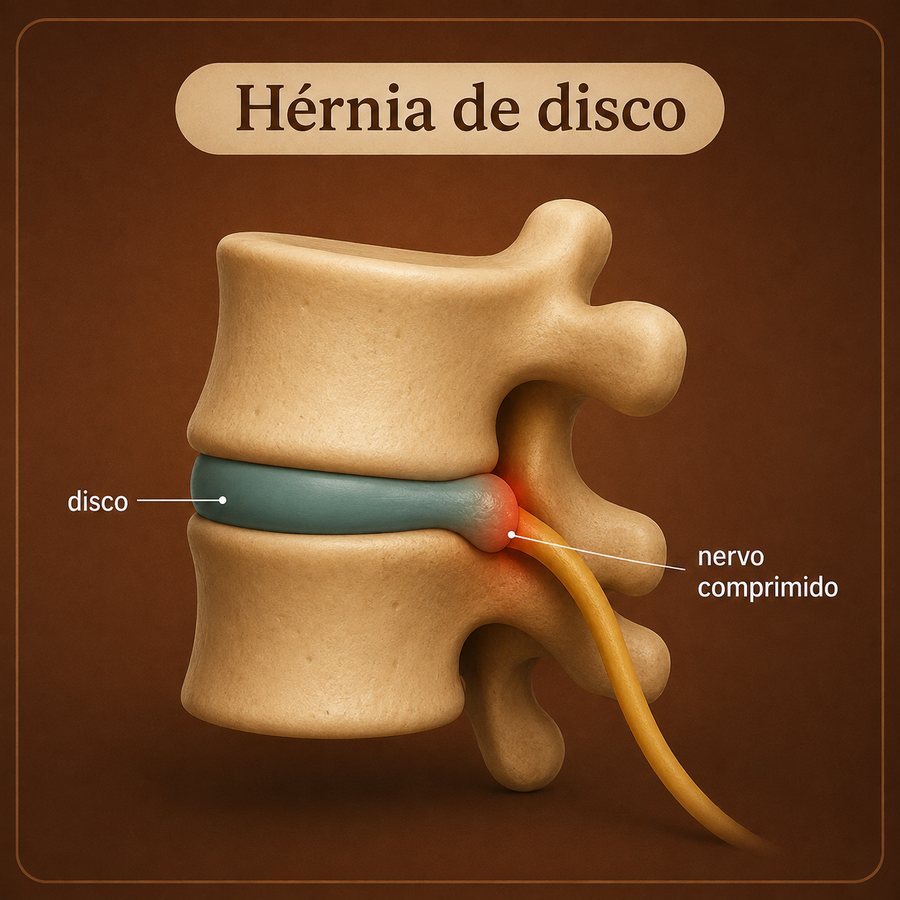 Ilustração de uma hérnia de disco comprimindo a raiz nervosa