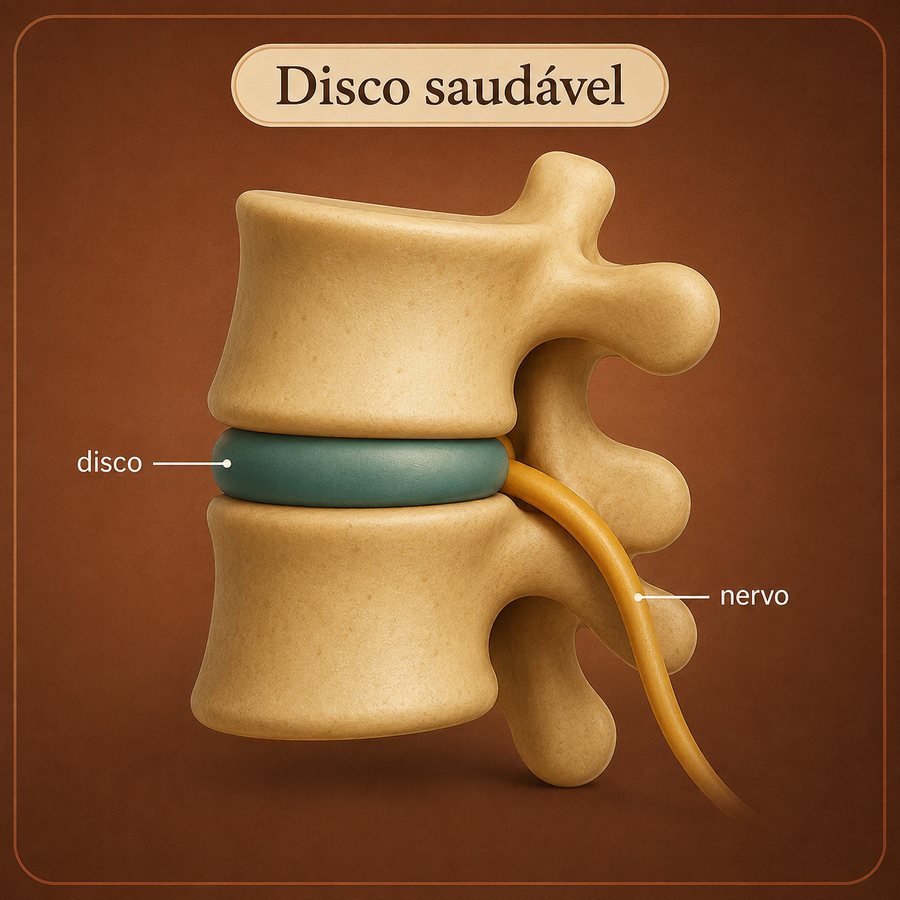Ilustração de duas vértebras com um disco intervertebral saudável e a raiz nervosa livre